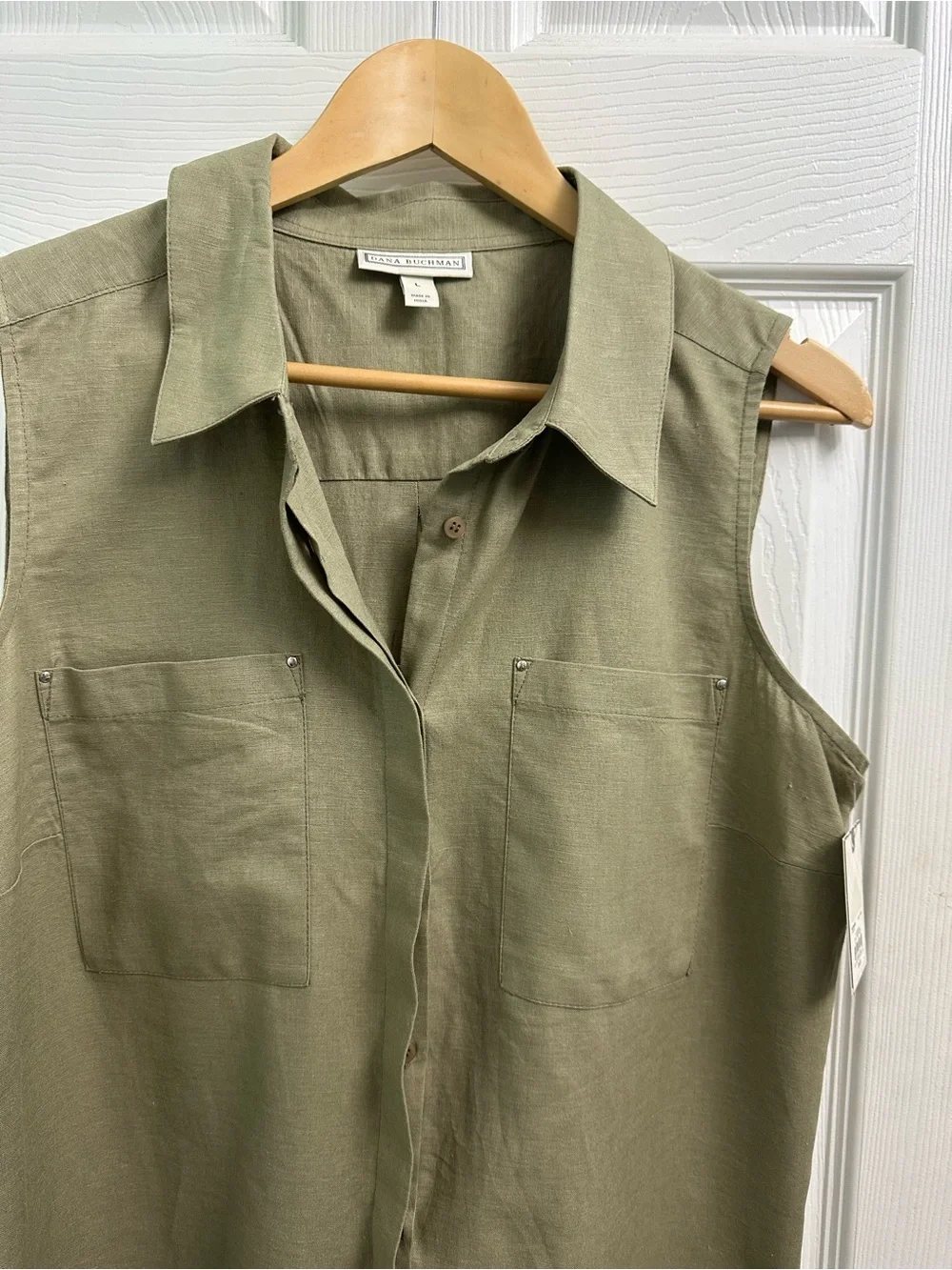 Dana Buckman Sleeveless Button-Front Shirt in Olive Green-Sz L NWT - Picture 2 of 10